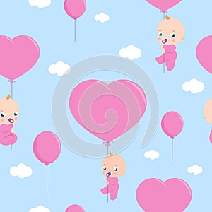 Babies holding balloons. Baby shower party background with babies and balloons in the sky. Seamless pattern. Vector Illustration