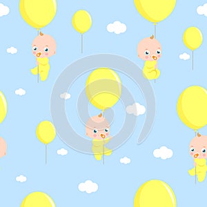 Babies holding balloons. Baby shower party background with babies and balloons in the sky. Seamless pattern. Vector Illustration