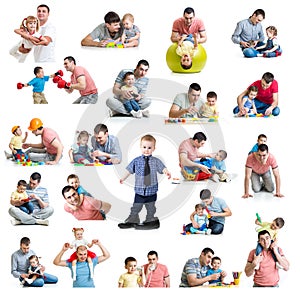 Babies and kids collage with dads. Paternity and fatherhood con