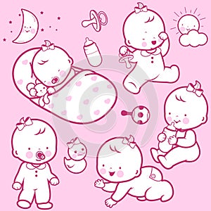Babies sleeping, playing, walking, drinking milk, and crawling. Vector illustration