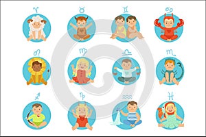 Babies In Twelve Zodiac Signs Costumes Sitting And Smiling Dressed As Horoscope Symbols