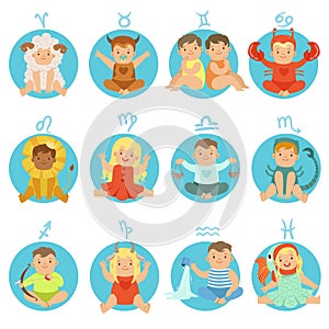 Babies In Twelve Zodiac Signs Costumes Sitting And Smiling Dressed As Horoscope Symbols