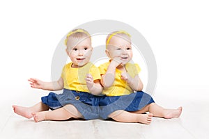 Babies Twins, Two Kids Girls Sitting on Floor, Sisters Children