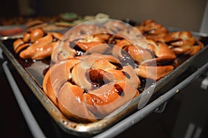 Babka twist danish bun with chocolate on a tray abstract close u