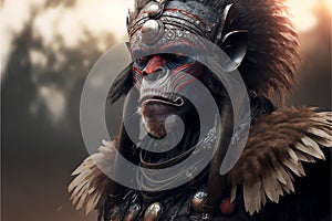 Baboon animal portrait dressed as a warrior fighter or combatant soldier concept. Ai generated