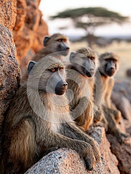 Baboons sitting on rocks with a tree in the background.