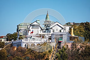 Baburizza Palace and Ascensor El Peral Lift at Cerro Alegre Hill - Valparaiso, Chile photo