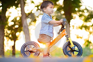 Baby 1-2 year old boy ride balance bike on road in park sunset light