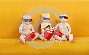 Baby 3D Glasses Watching Film On TV, Children Eating Popcorn And