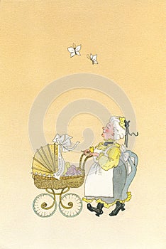 Baby in pram funny watercolor illustration photo