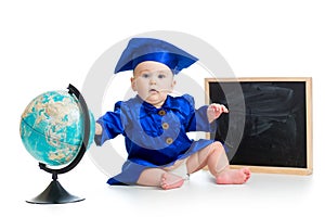Baby academic with globe and chalkboard