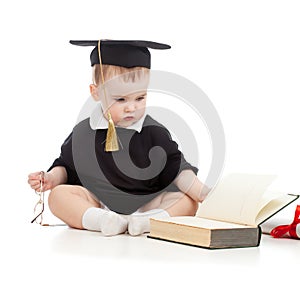 Baby in academician clothes with glasses and book