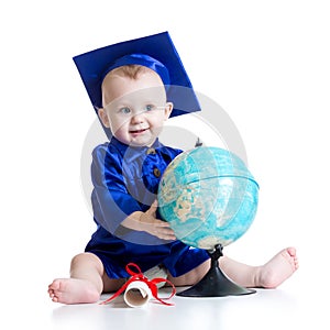 Baby in academician clothes with globe isolated