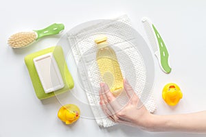 Baby accessories for bath with duck on white background