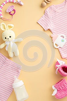 Baby accessories concept. Top view vertical photo of pink shirt panties booties pacifier chain knitted bunny toy bottle wooden