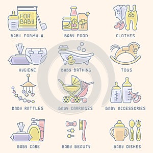 Baby accessories icons set