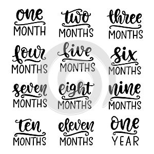 Baby age markers set. Vector monthly milestone cards 1-11 months and 1 year for girl or boy birthday