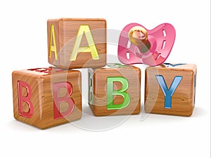 Baby from alphabetical blocks and dummy photo