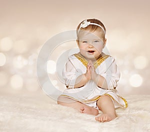 Baby Ancient Dress, Kid Girl in White Clothes Folded Hands, One