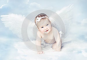 Baby Angel with Wings, Newborn Kid at Blue Sky Cloud