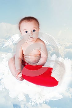 Baby Angel with Wings, Newborn Kid at Blue Sky Cloud