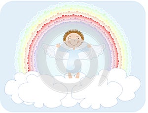 a baby angel with wings sits on a cloud