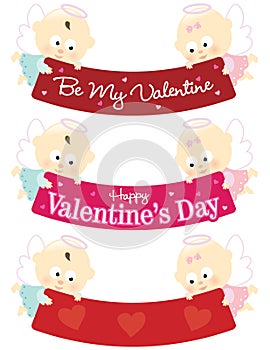 Baby angels holding Valentine banners isolated set