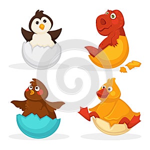 Baby animals hatch eggs or cartoon pets hatching. Vector flat isolated funny toy icons