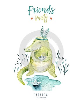 Baby animals nursery isolated illustration for children. Watercolor boho tropical drawing, child cute crocodile, tropic
