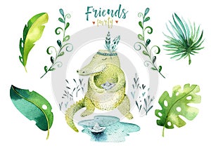 Baby animals nursery isolated illustration for children. Watercolor boho tropical drawing, child cute crocodile, tropic