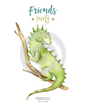 Baby animals nursery isolated illustration for children. Watercolor boho tropical drawing, child cute tropic iguana