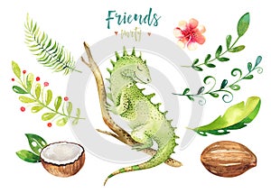 Baby animals nursery isolated illustration for children. Watercolor boho tropical drawing, child cute tropic iguana