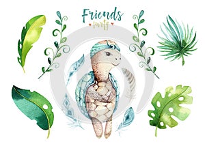 Baby animals nursery isolated illustration for children. Watercolor boho tropical drawing, child cute tropic turtle