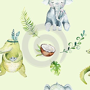 Baby animals nursery isolated seamless pattern. Watercolor boho tropical drawing, child tropical drawing cute crocodile