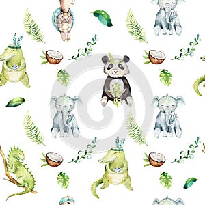 Baby animals nursery isolated seamless pattern. Watercolor boho tropical drawing, child tropical drawing, panda, cute