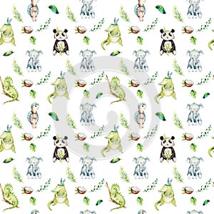 Baby animals nursery isolated seamless pattern. Watercolor boho tropical drawing, child tropical drawing, panda, cute