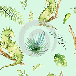 Baby animals nursery isolated seamless pattern. Watercolor boho tropical fabric drawing, child tropical drawing cute