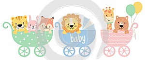 Baby Animals in Strollers Vector Illustration
