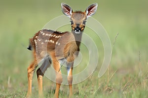 baby antelope standing on wobbly legs in the open plains