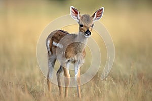 baby antelope standing on wobbly legs in the open plains