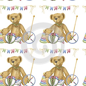 Baby antique toy seamless pattern, teddy bear, ball, spinning top, flags doll, horse, boat, game little boy girl. Hand