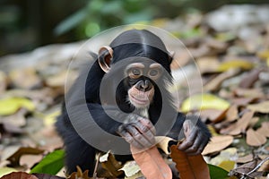 baby ape with playful expression pulling leaves