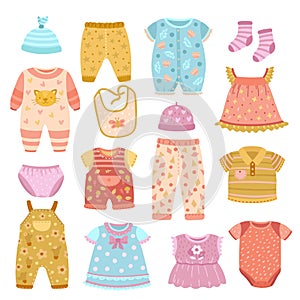 Baby apparel. Flat girl shirt, socks and clothes set for children. Boys cloth, fashion fabric dress, jumpsuit and pants