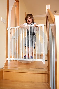 Baby approaching safety gate of stairs