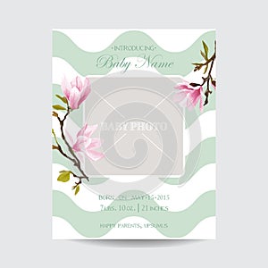 Baby Arrival Card with Photo Frame - Blossom Magnolia Flowers