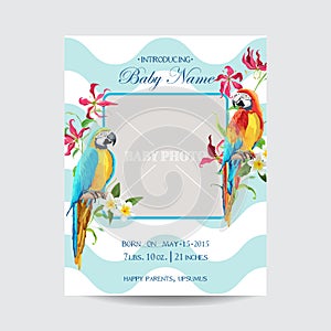 Baby Arrival Card with Photo Frame - Tropical Flowers and Parrot