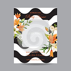 Baby Arrival Card with Photo Frame - Vintage Lily Floral Theme