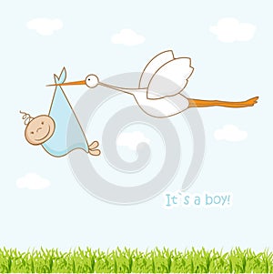 Baby arrival card with stork that brings a cute