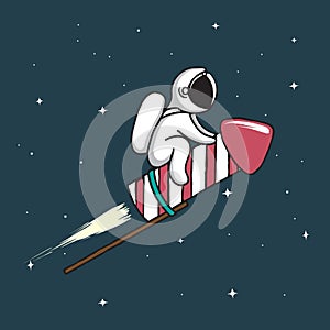 Baby astronaut flying on firework rocket