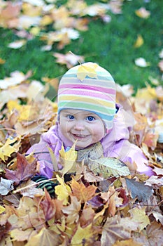 Baby in autumn leaves